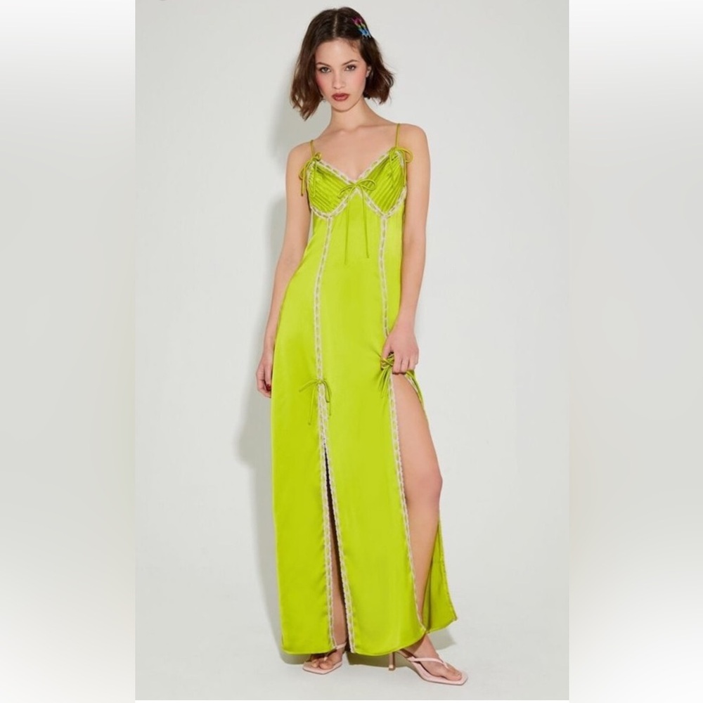 Betsey Johnson Lime Green Slip Dress with Lace Trim size XS